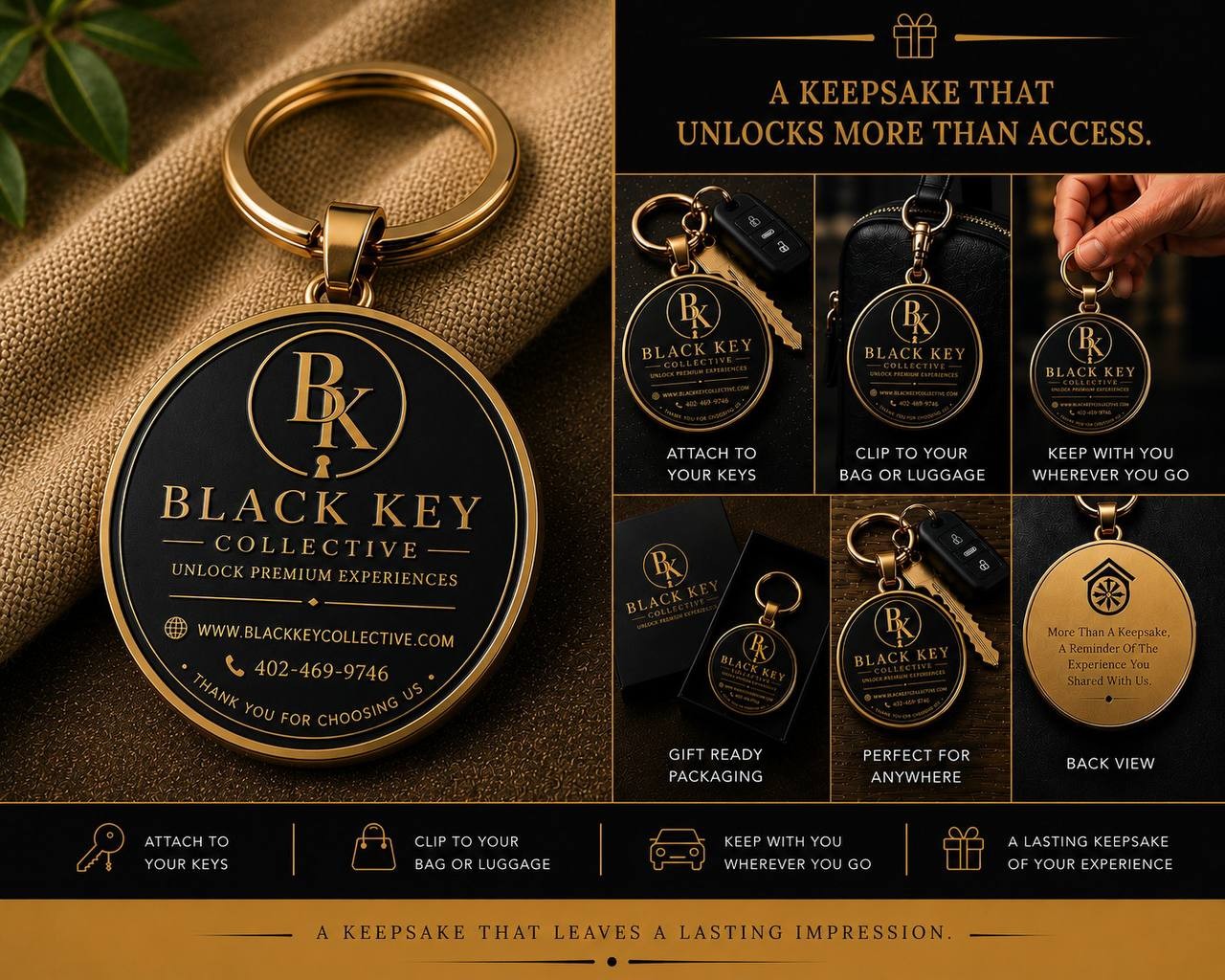 The Black Key Collective keychain — attach to your keys, clip to your bag or luggage, keep with you wherever you go. A keepsake that unlocks more than access.